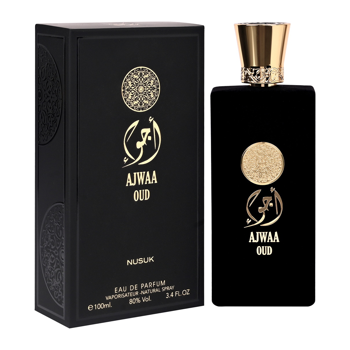 Ajwaa Oud Black — Nusuk Coffret et flacon Ajwaa Oud Black de Nusuk, parfum oriental disponible chez Maison HKM a Casablanca