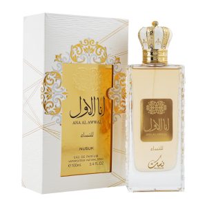 Coffret et flacon Ana Al Awwal Women Golden de Nusuk, parfum oriental disponible chez Maison HKM a Casablanca
