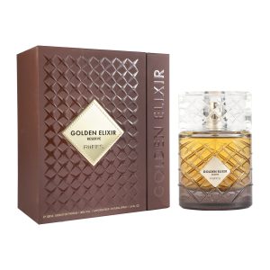 Coffret et flacon Golden Elixir Reserve de Riiffs, parfum oriental disponible chez Maison HKM a Casablanca