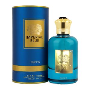 Coffret et flacon Imperial Blue de Riiffs, parfum oriental disponible chez Maison HKM a Casablanca