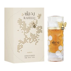 Coffret et flacon Raheeq de Nusuk, parfum oriental disponible chez Maison HKM a Casablanca