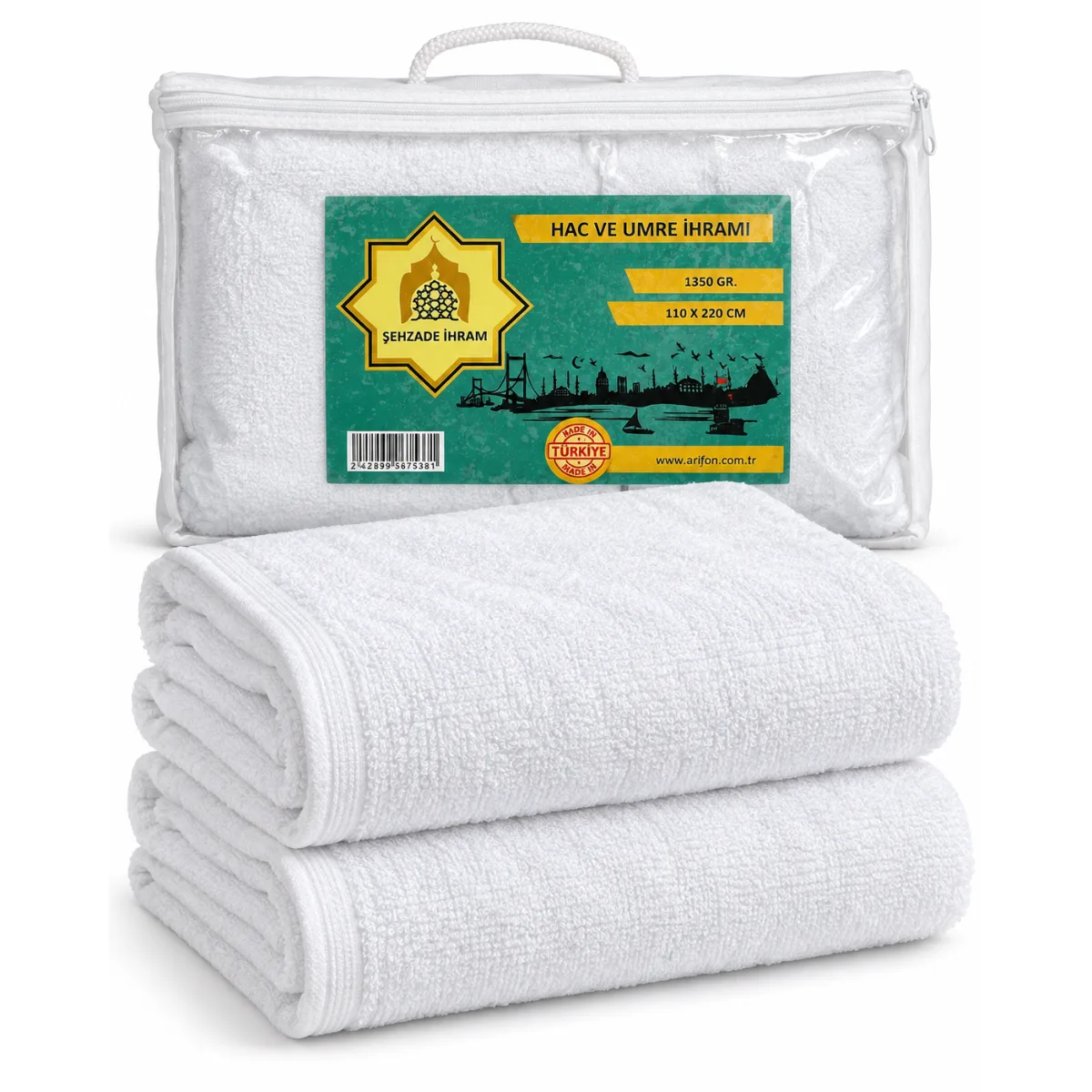 Ihram Coton Turquie 1350 g – sac Ihram Şehzade en coton de Turquie 1350 g, 110 x 220 cm, avec son sac – Maison HKM