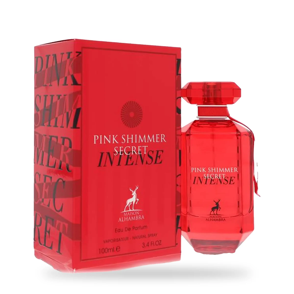 Pink Shimmer Secret Intense de Maison Alhambra – Eau de Parfum 100 ml Pink Shimmer Secret Intense de Maison Alhambra, flacon et coffret 100 ml